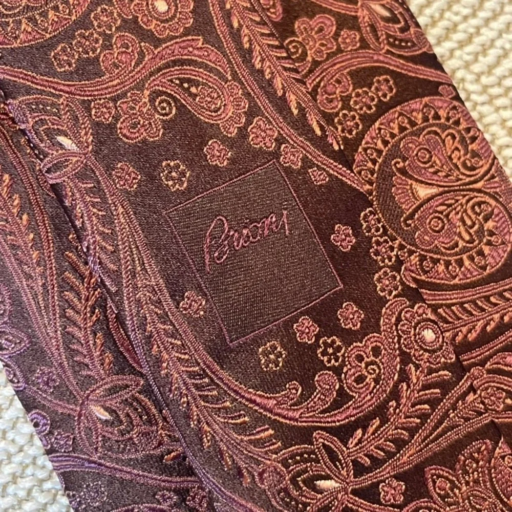 Brioni Silk Necktie Mens Brown Paisley Jacquard Italy Sartorial Dark Academia